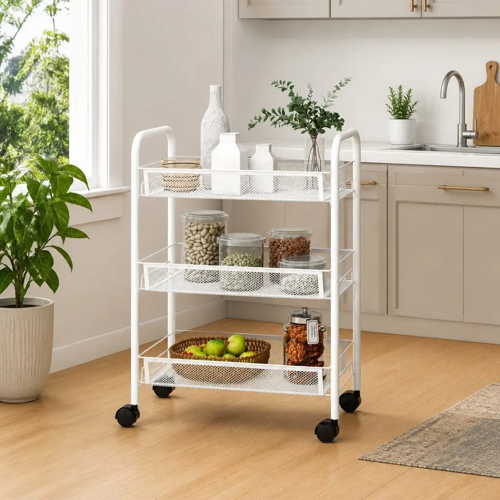 3-Tier Kitchen Trolley White Storage Cart Organiser Mesh Baskets Wheels Brakes