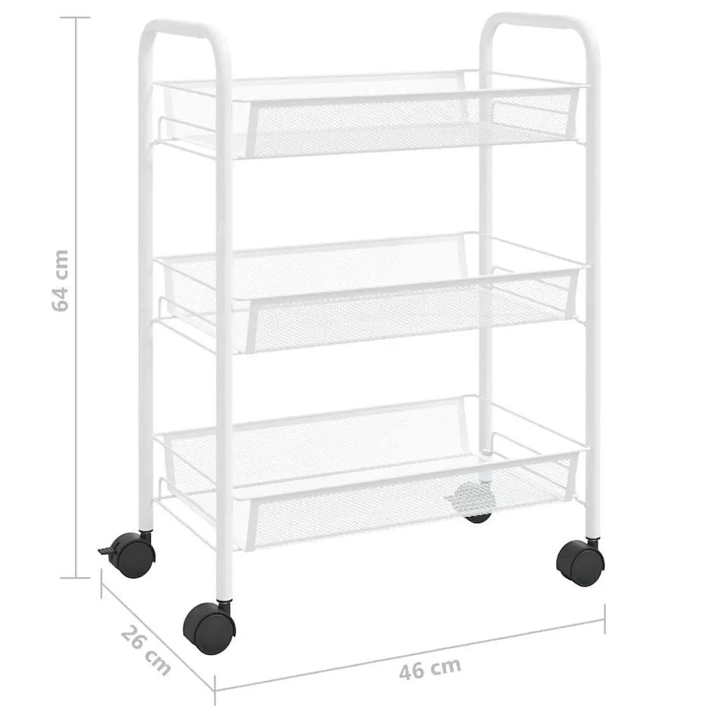 3-Tier Kitchen Trolley White Storage Cart Organiser Mesh Baskets Wheels Brakes