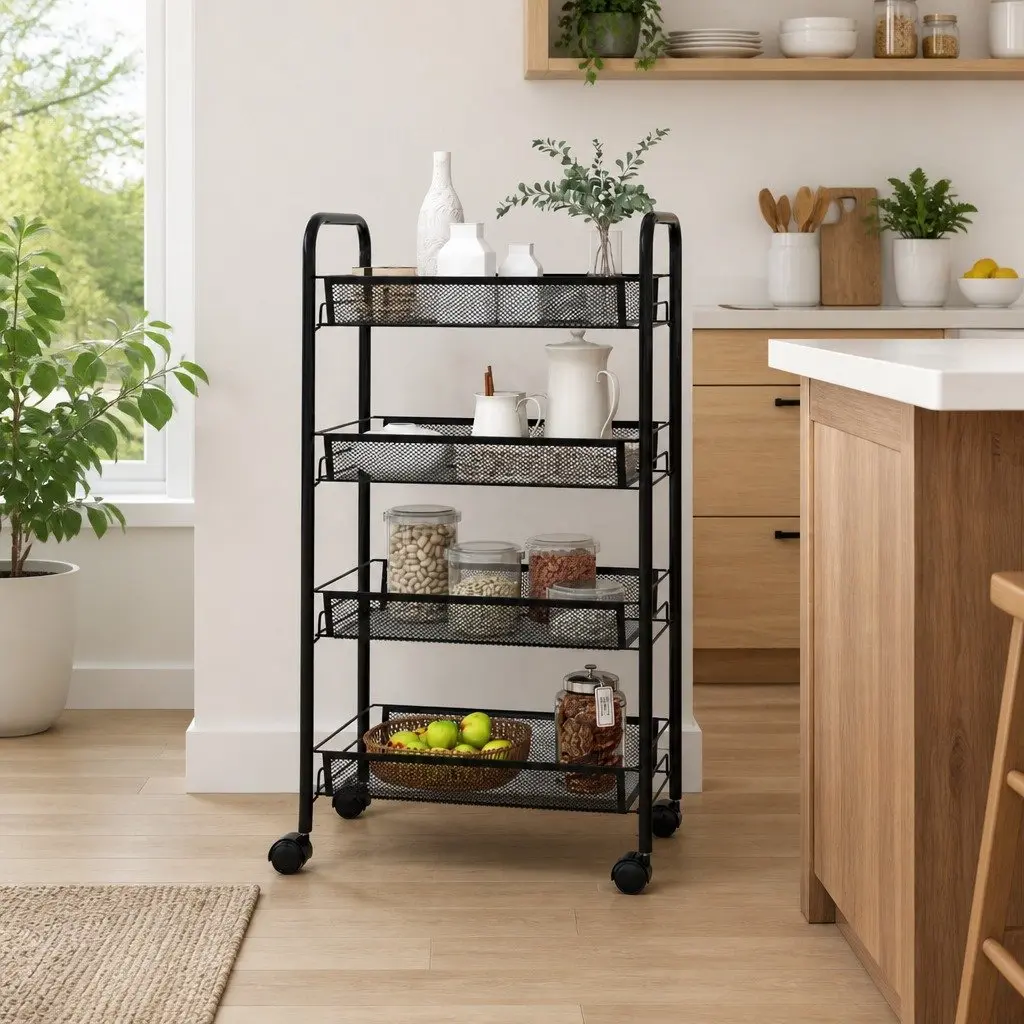 4-Tier Kitchen Trolley Black Storage Cart Mesh Baskets Wheels Brakes Removable