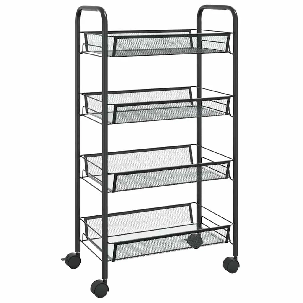 4-Tier Kitchen Trolley Black Storage Cart Mesh Baskets Wheels Brakes Removable