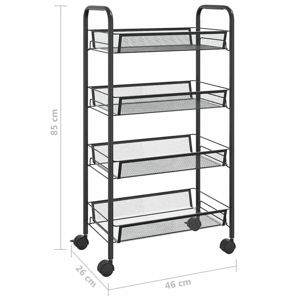 4-Tier Kitchen Trolley Black Storage Cart Mesh Baskets Wheels Brakes Removable