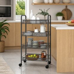 4-Tier Kitchen Trolley Grey Storage Cart Removable Mesh Baskets Wheels Brakes