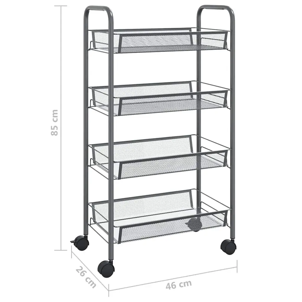 4-Tier Kitchen Trolley Grey Storage Cart Removable Mesh Baskets Wheels Brakes
