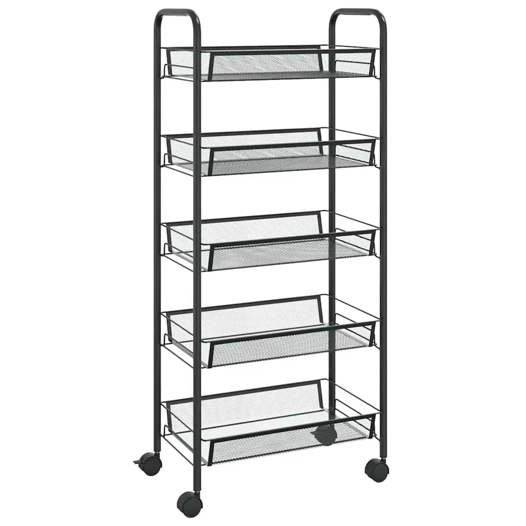 5-Tier Kitchen Trolley Black Mesh Baskets Removable Storage Cart Wheels Brakes