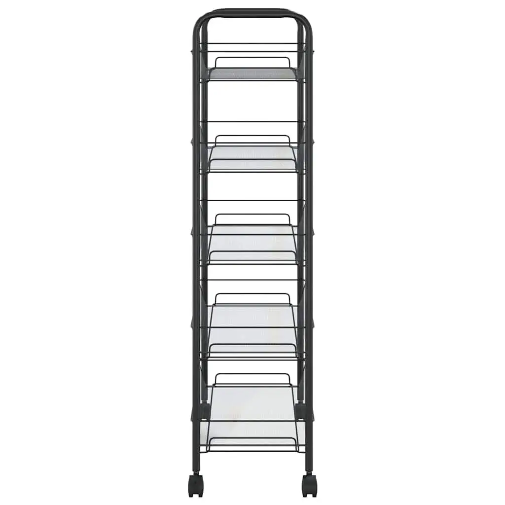 5-Tier Kitchen Trolley Black Mesh Baskets Removable Storage Cart Wheels Brakes