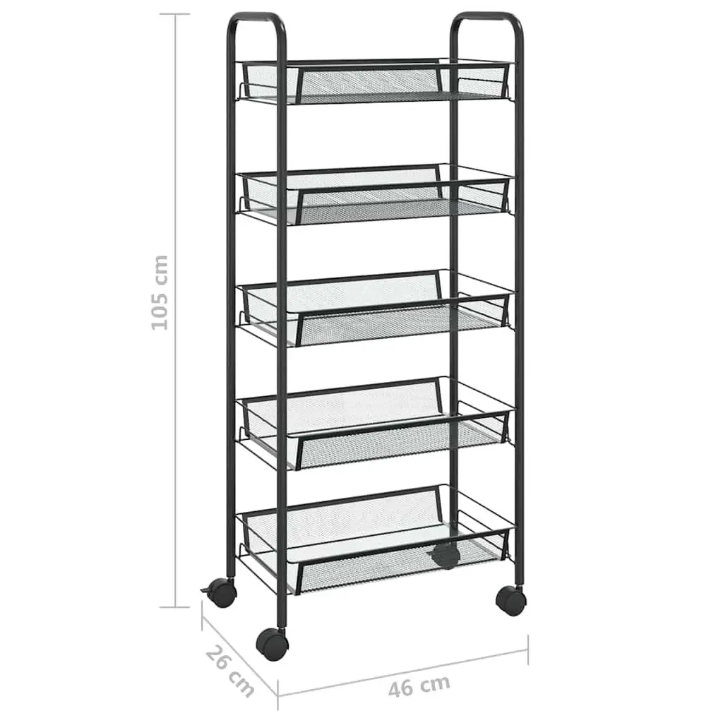 5-Tier Kitchen Trolley Black Mesh Baskets Removable Storage Cart Wheels Brakes