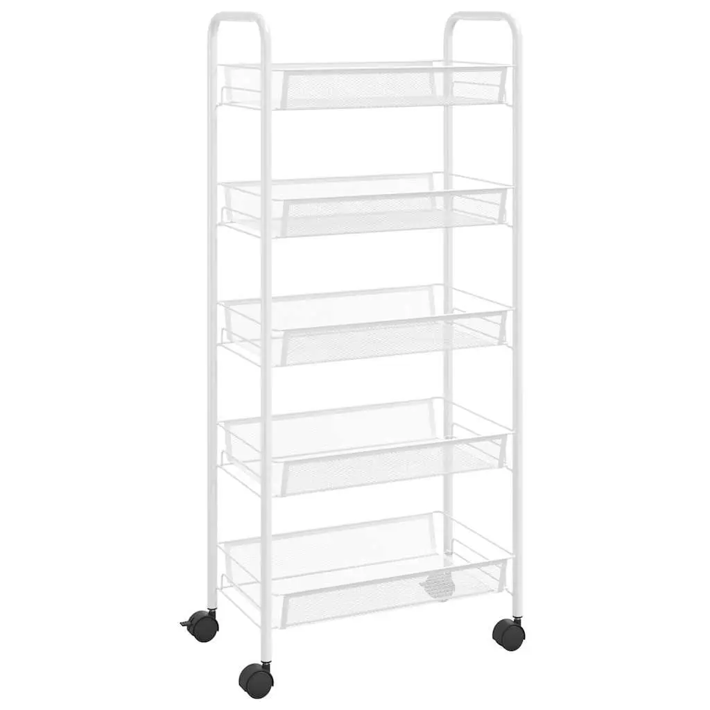 5-Tier Kitchen Trolley White Storage Cart Mesh Baskets Wheels Brakes