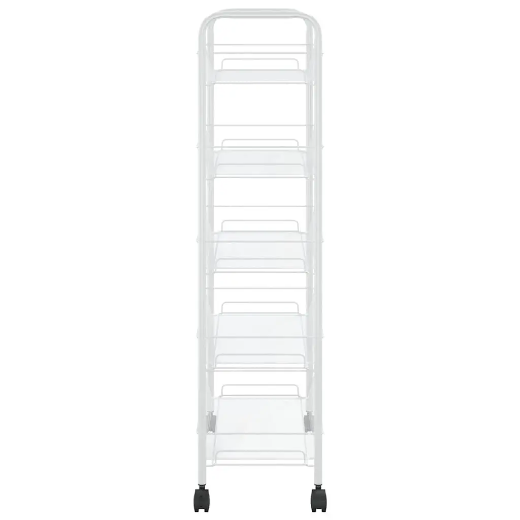 5-Tier Kitchen Trolley White Storage Cart Mesh Baskets Wheels Brakes