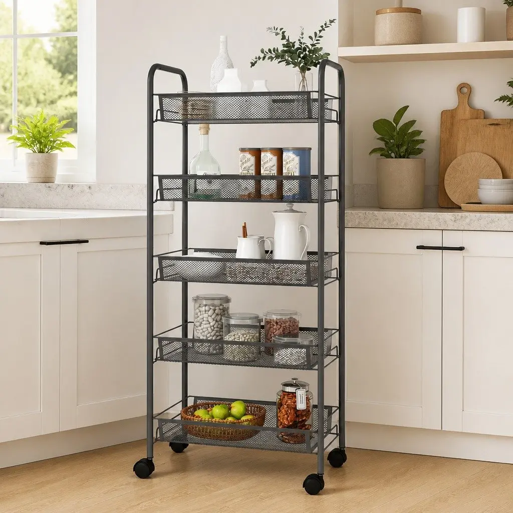 5-Tier Kitchen Trolley Grey Storage Cart Organiser for Kitchen Bathroom Office 46 x 26 x 105 cm