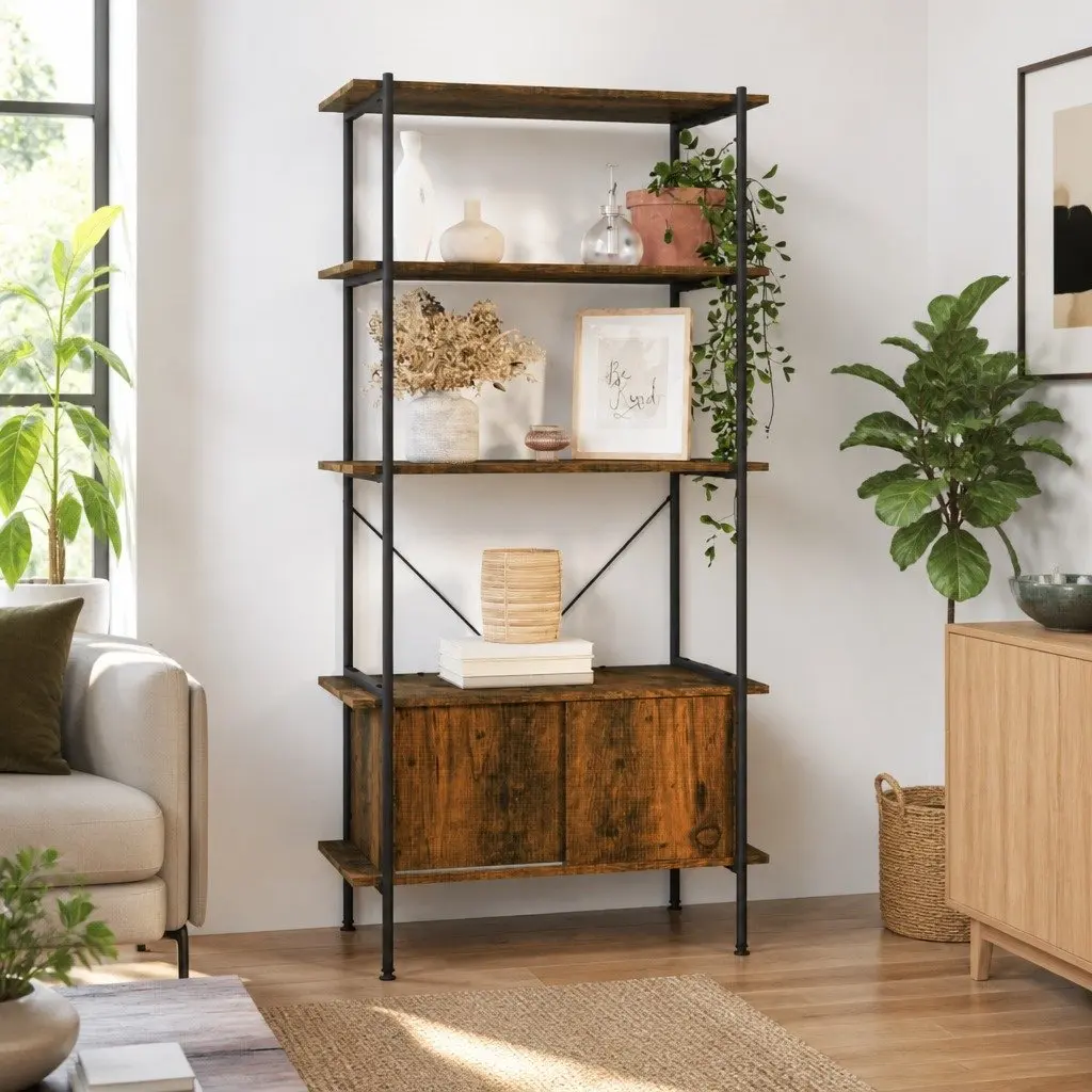 5-Tier Shelving Unit with Cabinet Storage for Home Office Brown