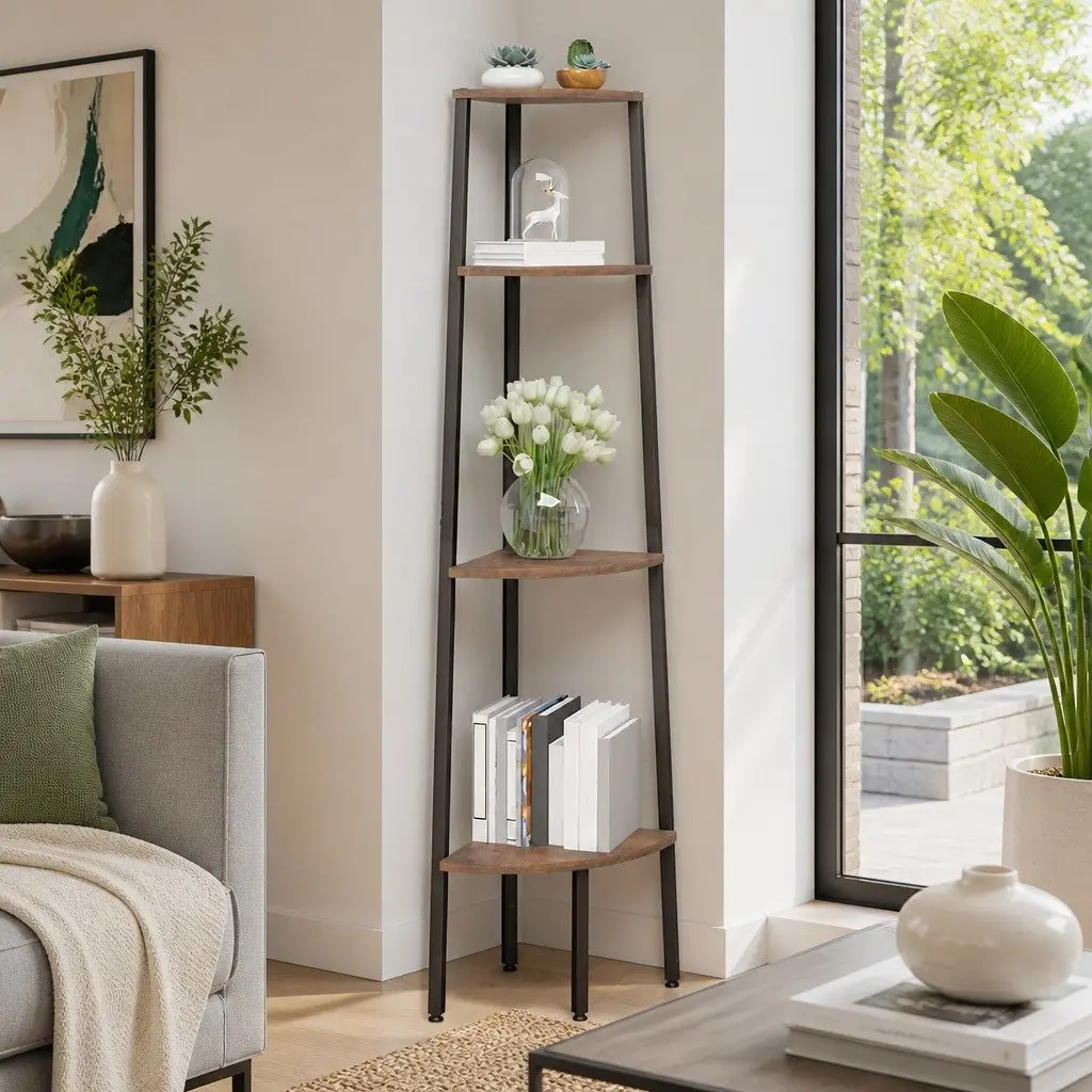 4 Tier Corner Shelf Dark Brown Black Compact Steel Frame for Living Room Bedroom Office Storage 45.5x31.5x150cm