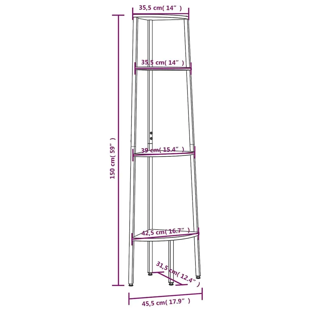 4 Tier Corner Shelf Dark Brown Black Compact Steel Frame for Living Room Bedroom Office Storage 45.5x31.5x150cm
