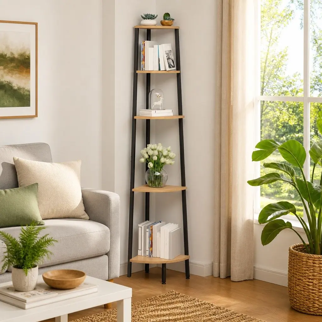 5-Tier Corner Shelf Brown Black Storage Bookcase Standing Shelving Unit