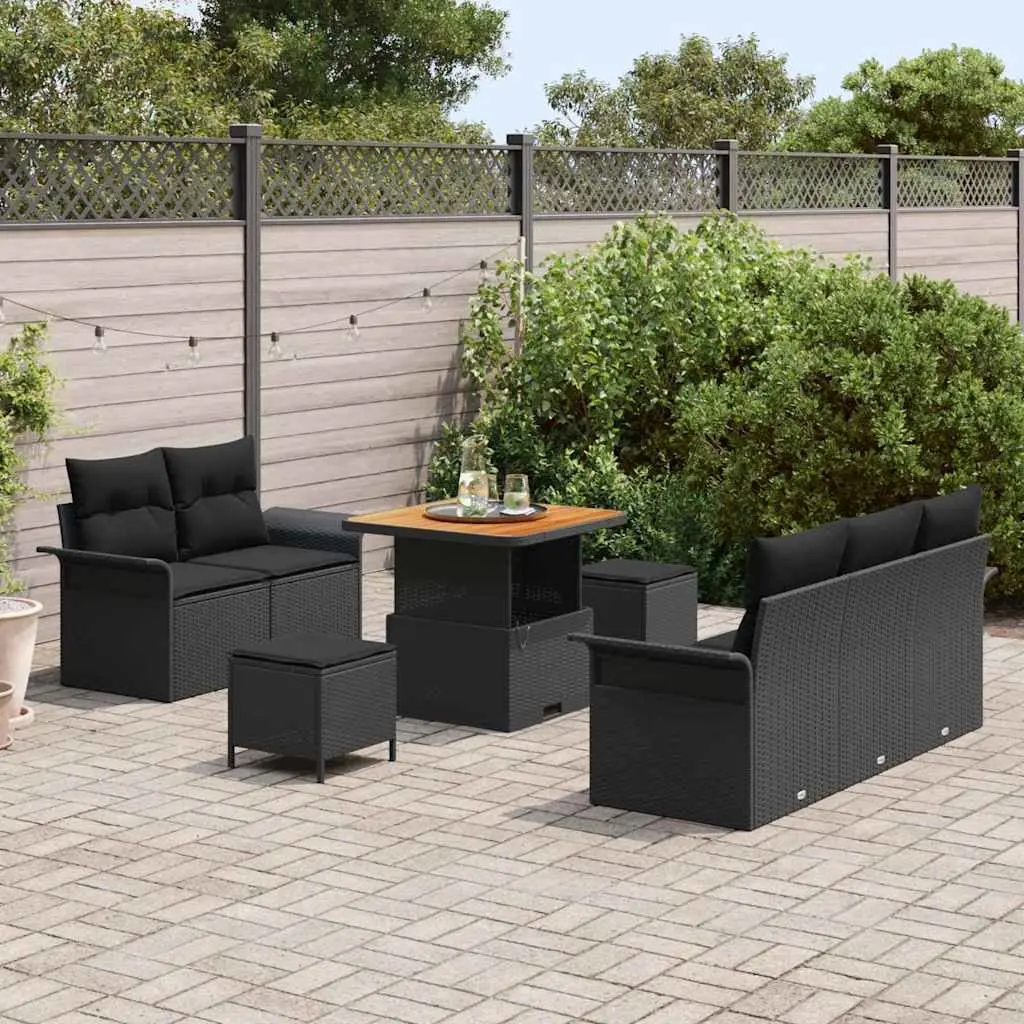 Outdoor Garden Sofa Set 8 Piece Black Poly Rattan and Powder Coated Steel with Cushions and Waterproof Storage for Terrace or Garden