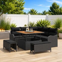 Outdoor Sofa Set 8 Pieces - Poly Rattan, Steel Frame, Black