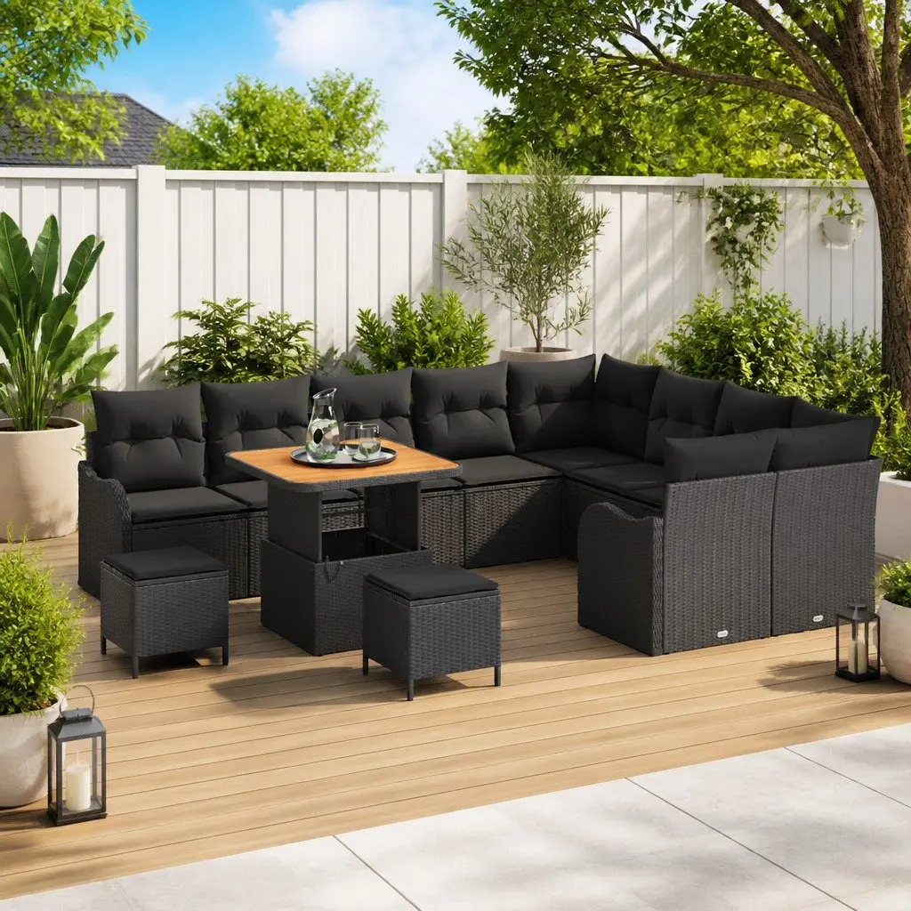 Outdoor Garden Sofa Set 12 Pieces Black Modular Seating with Storage Cushions