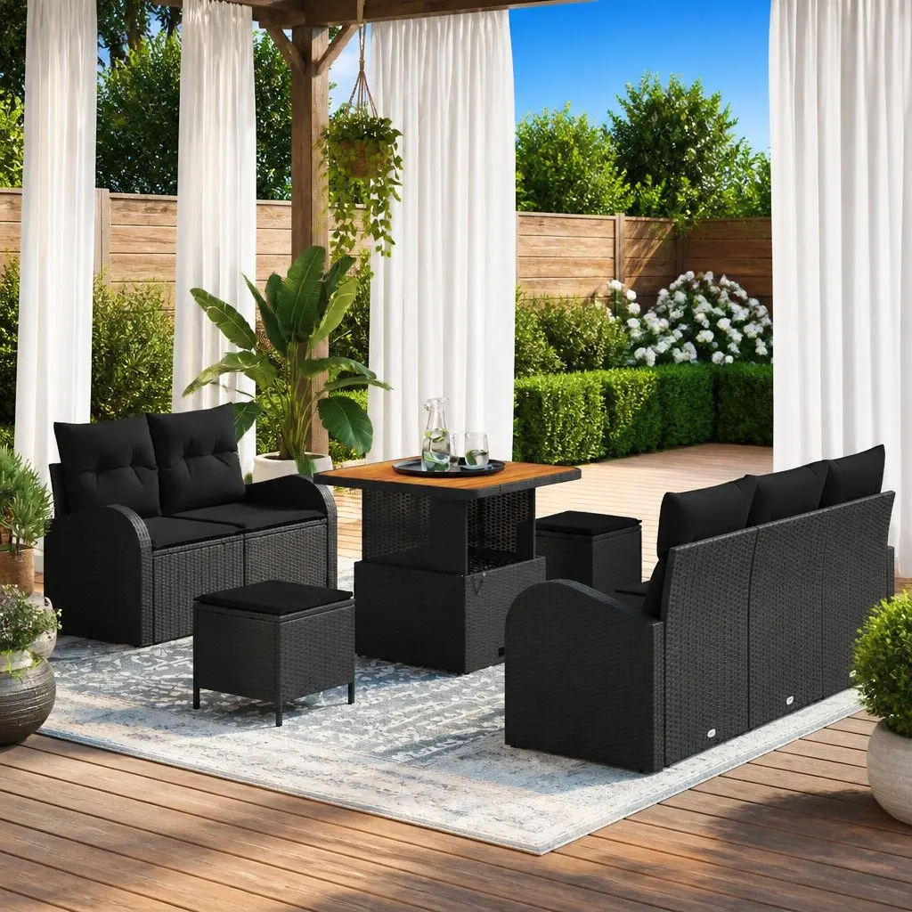 Outdoor Garden Sofa Set 8 Pieces Black Poly Rattan Modular Seating