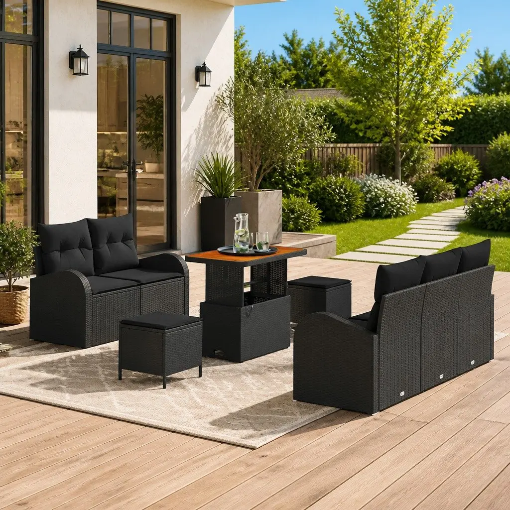 Garden Sofa Set Outdoor Seating Modular 8 Pieces Black Poly Rattan with Storage