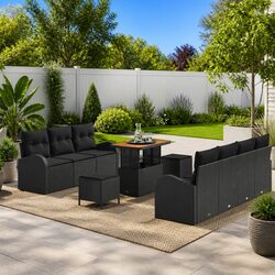 Outdoor Garden Sofa Set 10 Pcs Modular Poly Rattan Lounger with Storage Black