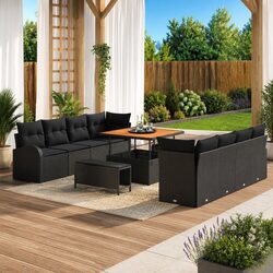 Outdoor Sofa Set - 11 Pieces, Black, Poly Rattan, Steel Frame