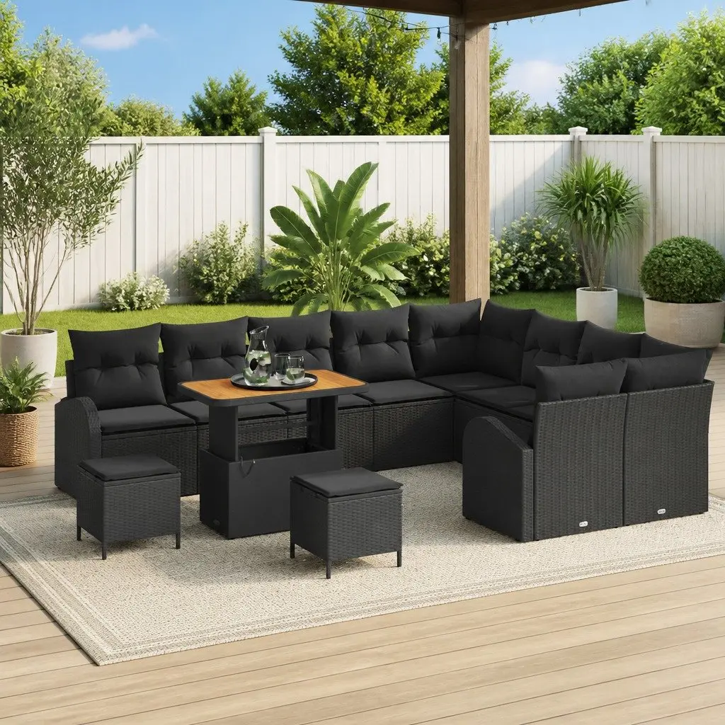 Garden Sofa Set 12pcs Outdoor Seating Black Rattan Furniture with Storage