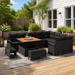 Detailed Specs: 12pc Black Poly Rattan Outdoor Sofa Set