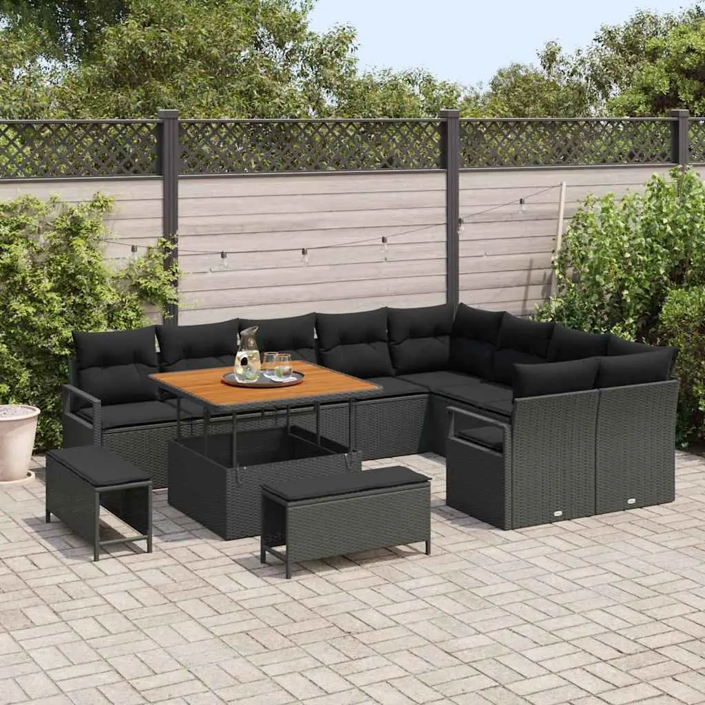 Outdoor Garden Sofa Set 12pcs Black Poly Rattan Furniture with Storage Cushions
