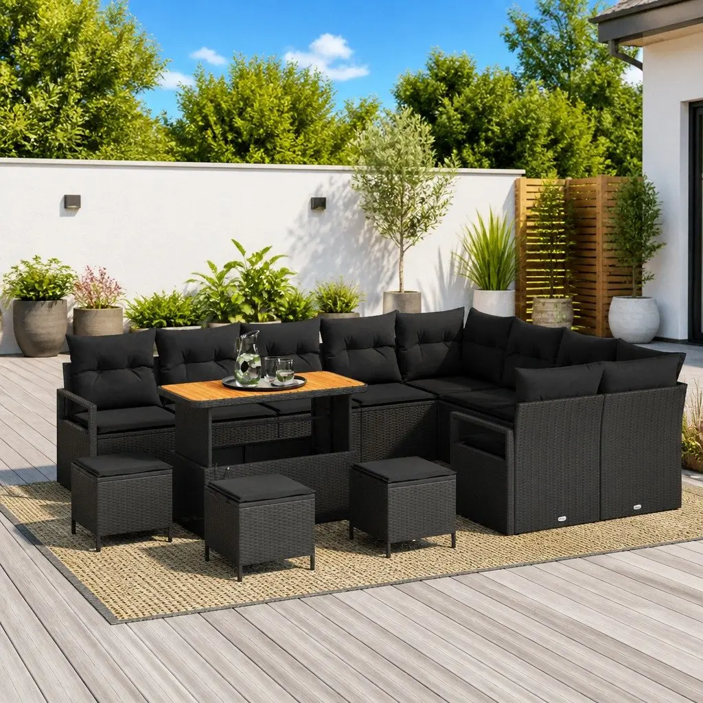 Outdoor Sofa Set for Patio Garden 13 Piece Black Poly Rattan