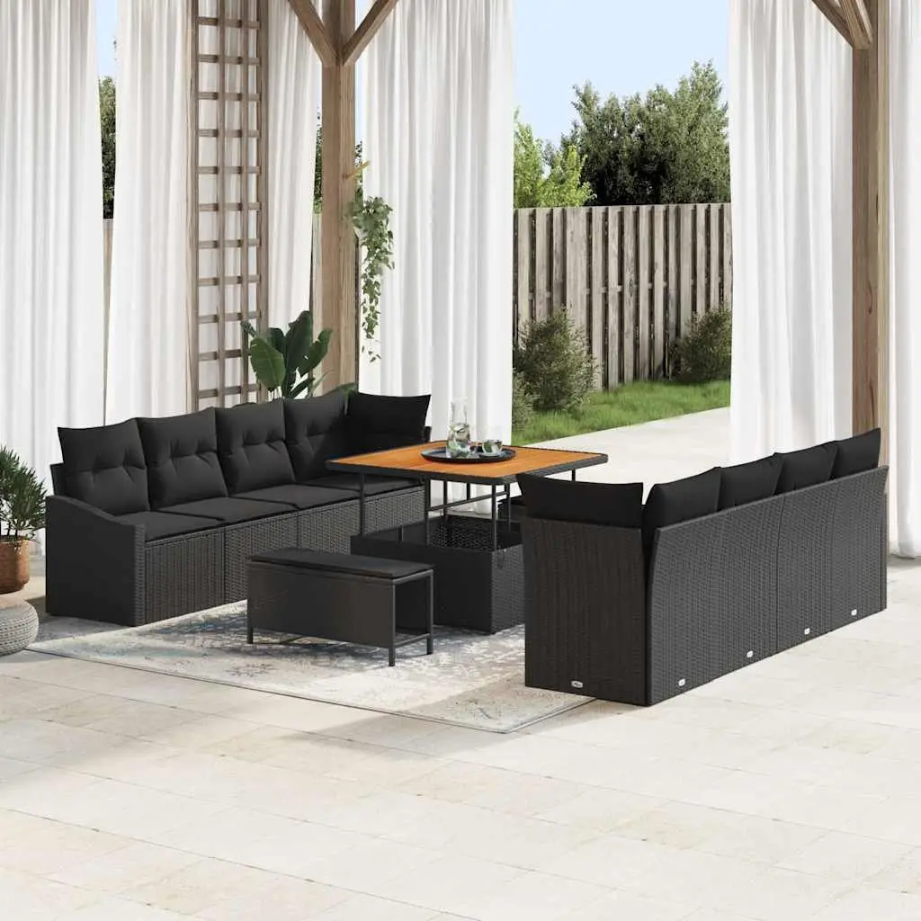 Garden Sofa Set Outdoor 11 Piece Black Poly Rattan with Cushions for Patio and Terrace