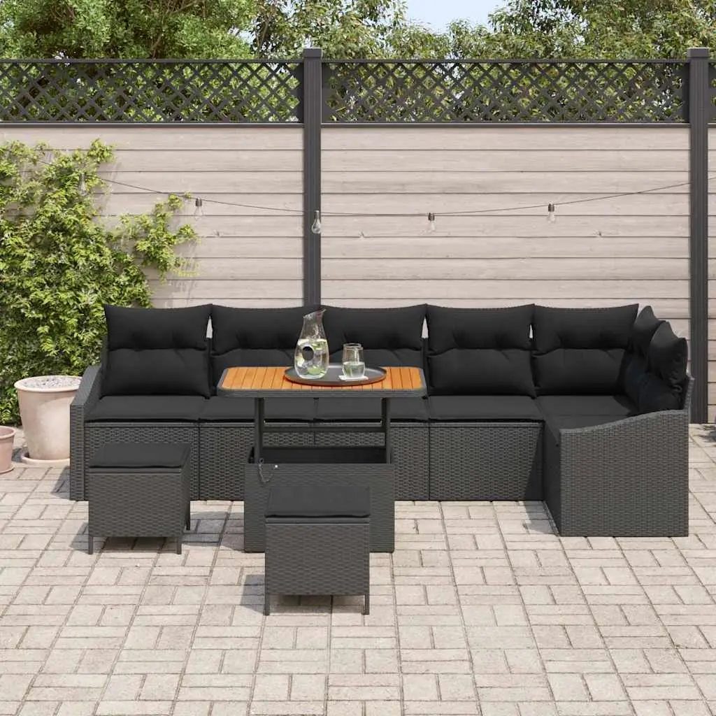 Outdoor Garden Sofa Set 9 Pieces Black Poly Rattan Modular Seating with Cushions
