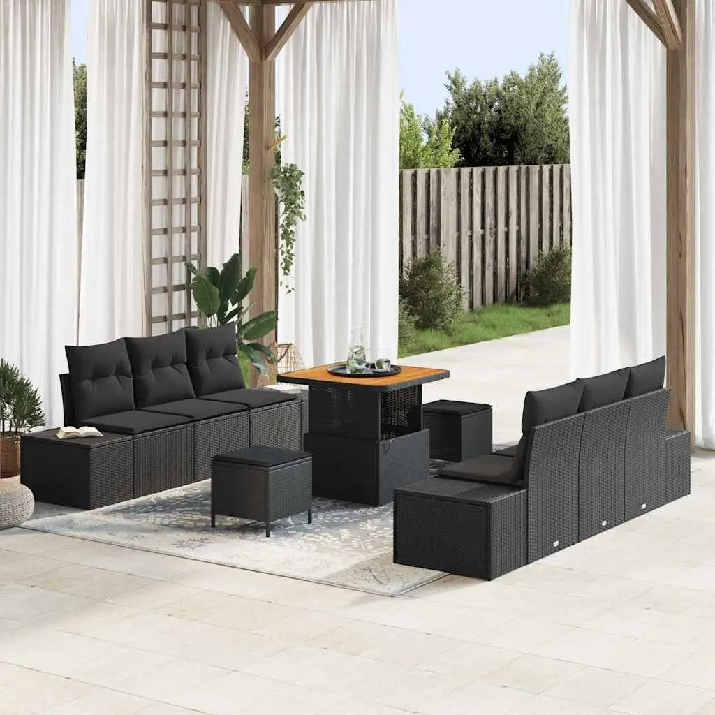 9 Piece Black Poly Rattan Outdoor Sofa Set for Patios and Gardens with Storage and Cushions