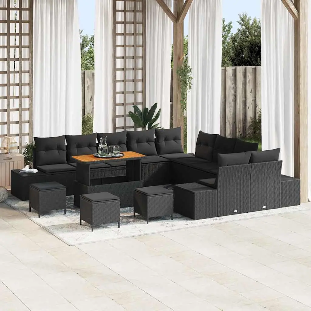 Outdoor Garden Sofa Set 14 Pieces Black Poly Rattan Cushions Patio
