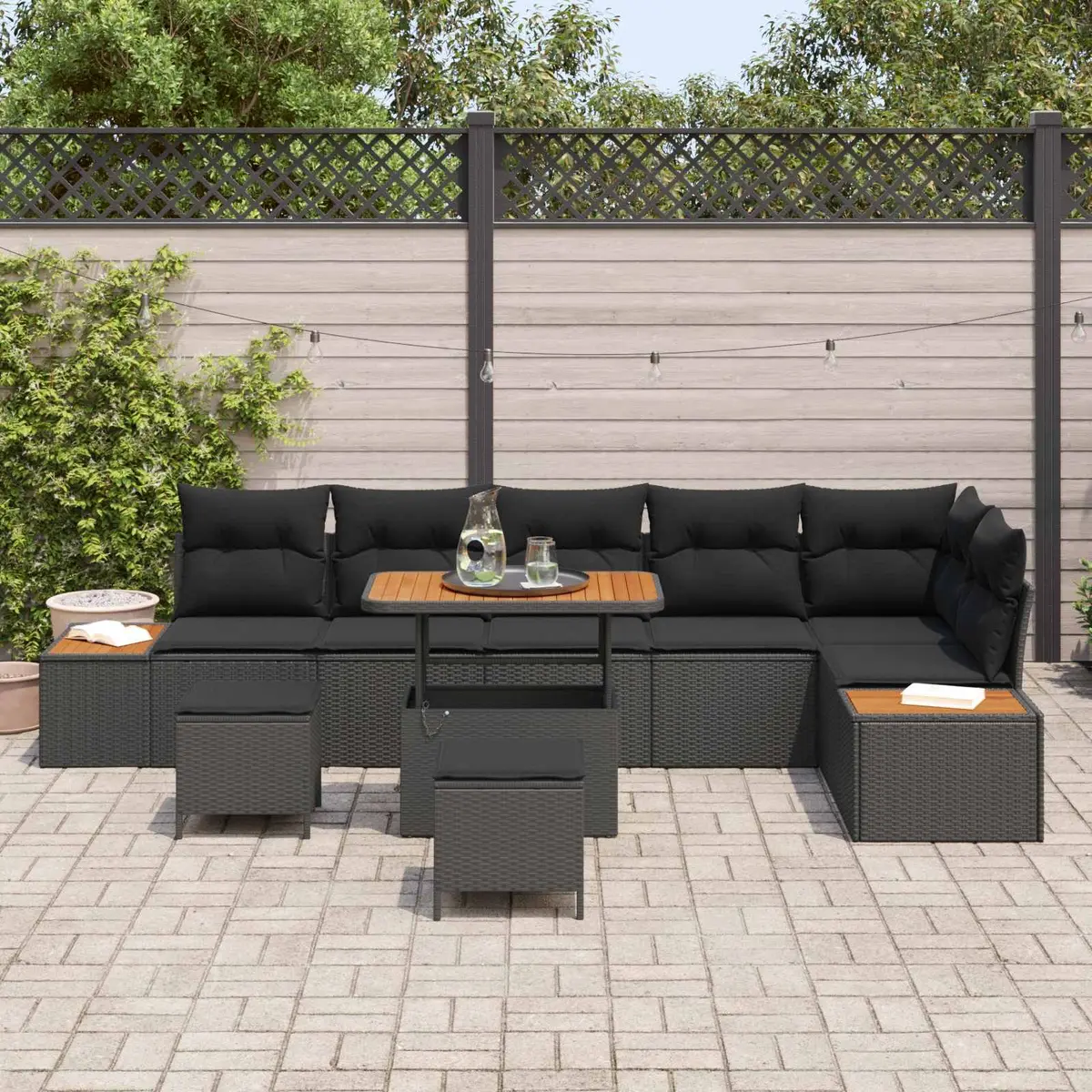 9PiecePolyRattanGardenSofaSetBlackAcaciaWoodCushionedSeatingforPatiosandTerraces