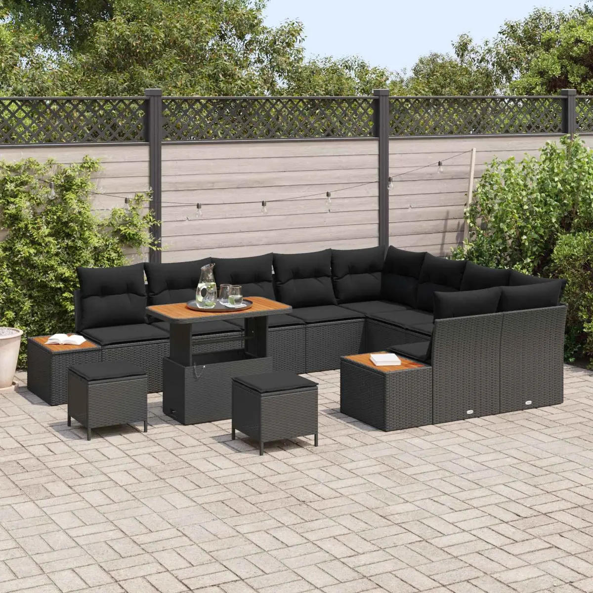 Garden Sofa Set 12pc Outdoor Seating Black Poly Rattan Modular with Cushions