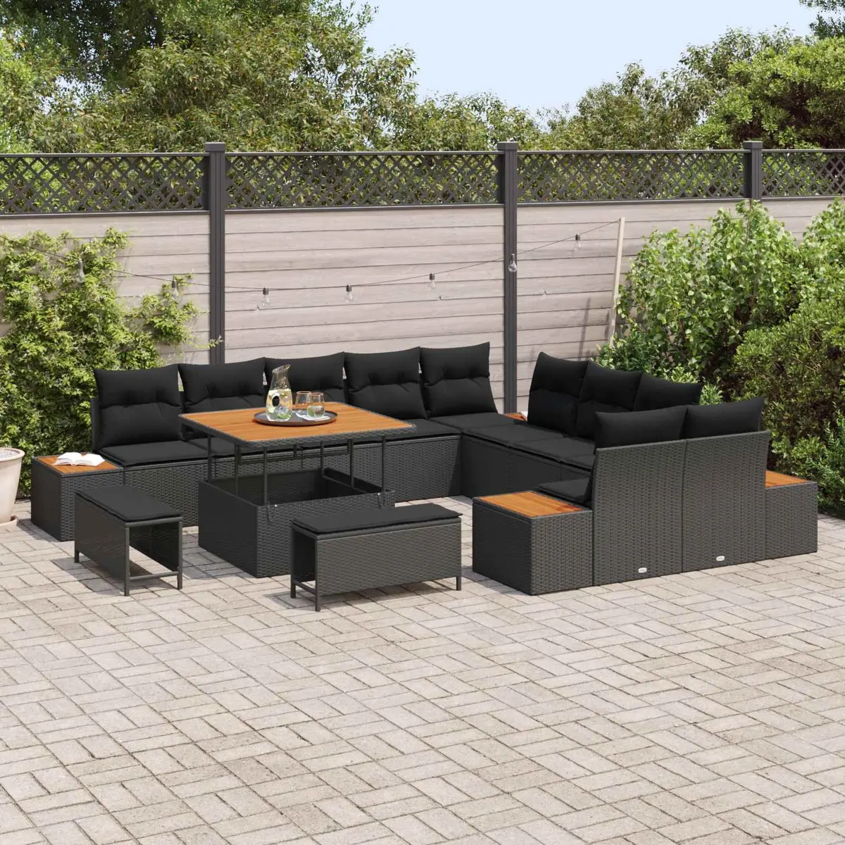 13 Piece Outdoor Sofa Set Black Poly Rattan Modular Patio Furniture for Garden with Hidden Storage
