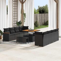 Outdoor Modular Sofa Set - 12 Pieces, Black Rattan & Acacia
