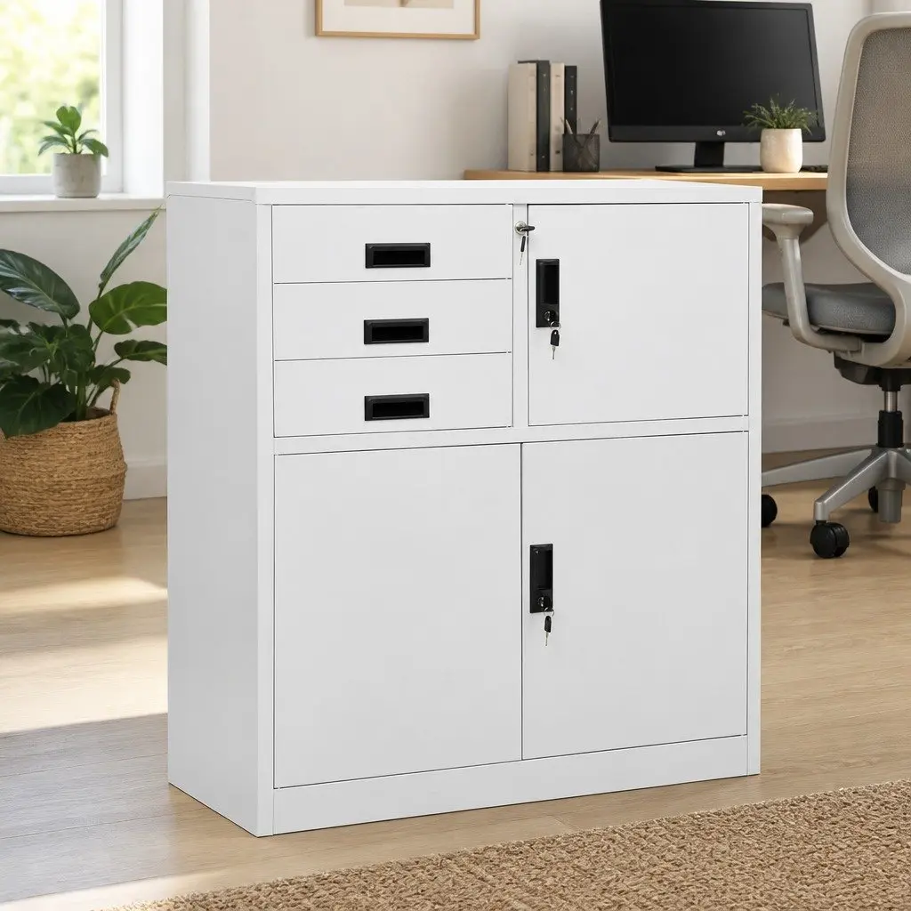 Office Storage Cabinet Grey Steel 90W x 40D x 102H cm