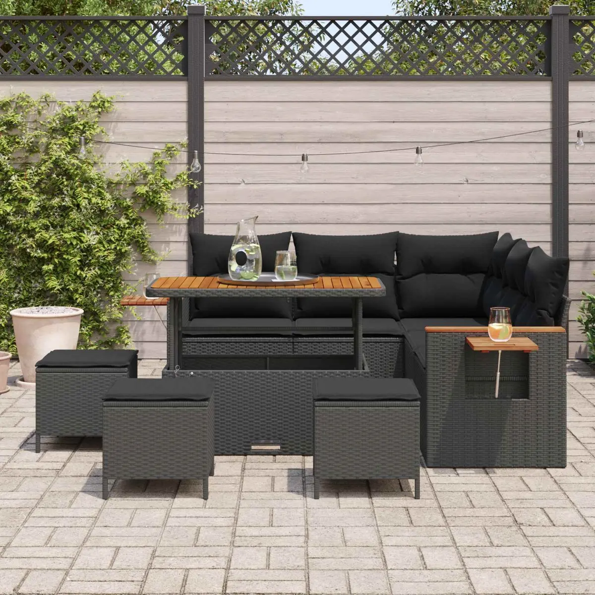 10 Piece Modular Outdoor Sofa Set Black Poly Rattan Garden Seating with Cushions