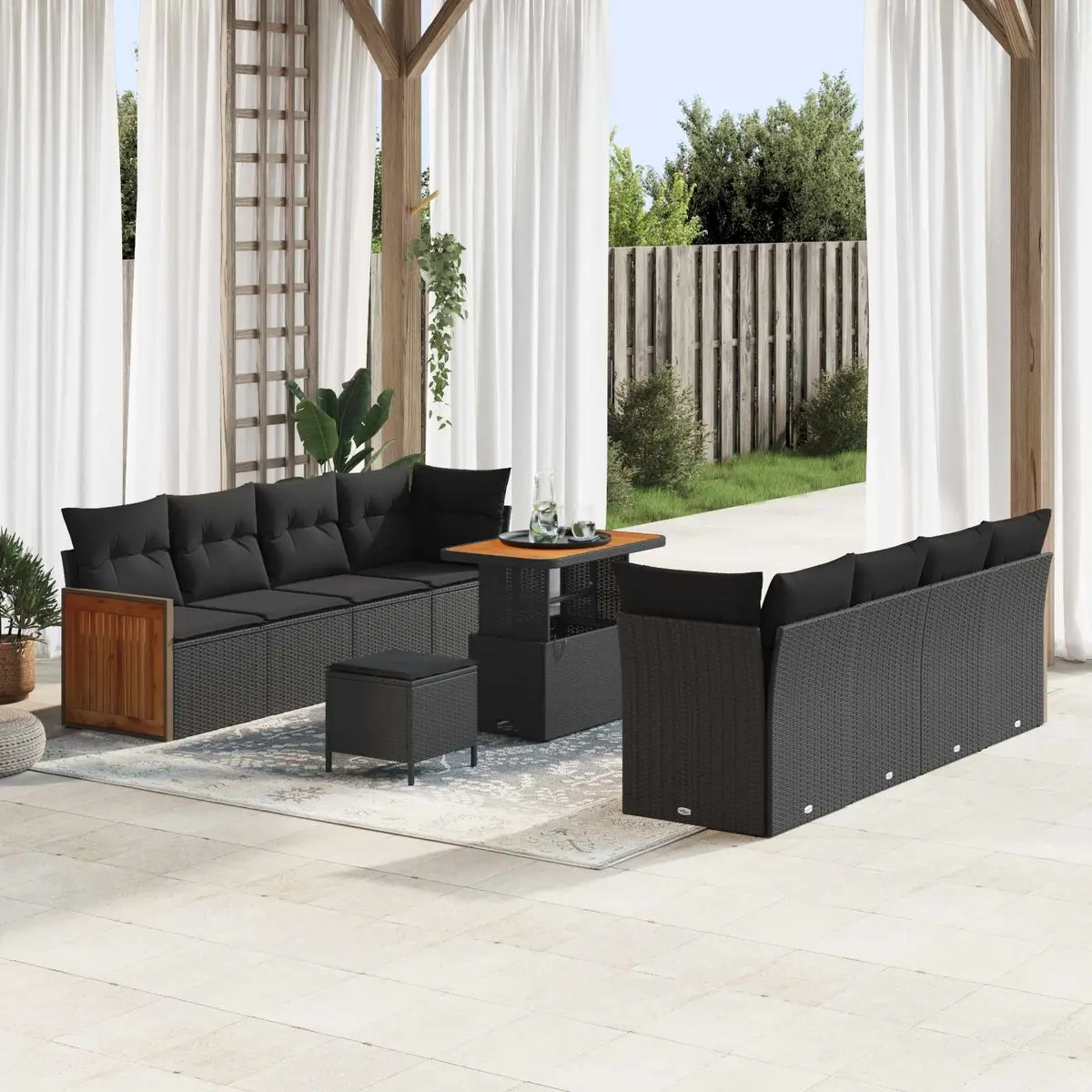 Modular Garden Sofa Set Outdoor 12 Pieces Black Poly Rattan and Acacia Wood