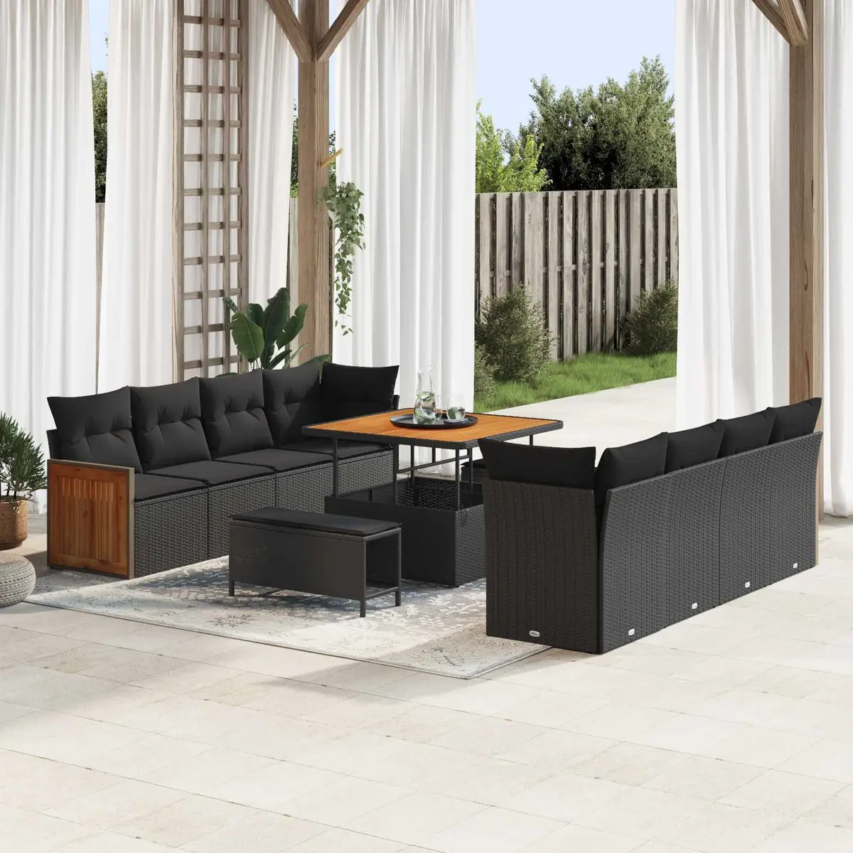 Outdoor Garden Sofa Set Modular Black Poly Rattan Acacia Wood Patio Seating