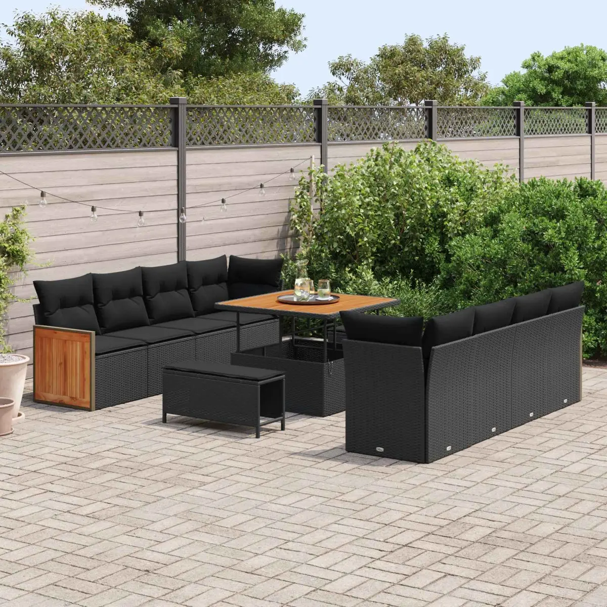Outdoor Garden Sofa Set Modular Black Poly Rattan Acacia Wood Patio Seating