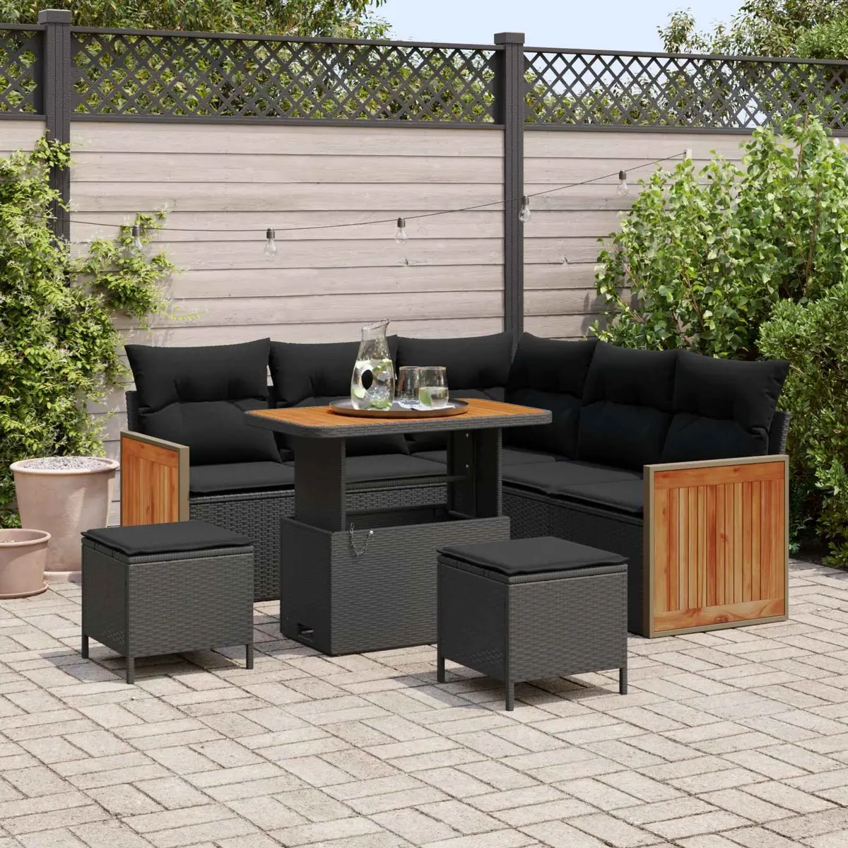Outdoor Sofa Set 9 Pieces Modular Black Poly Rattan Garden Seating with Cushions