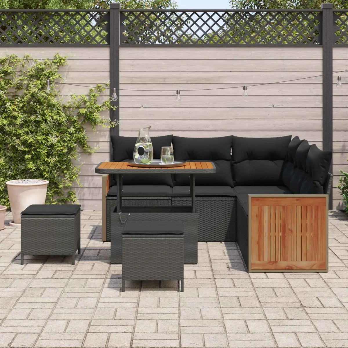 Outdoor Sofa Set 9 Pieces Modular Black Poly Rattan Garden Seating with Cushions