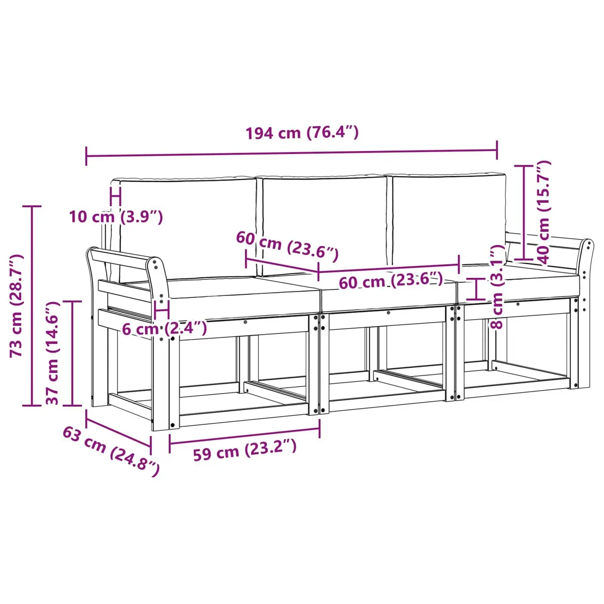 Outdoor Sofa Set 3 Piece Garden Furniture Acacia Wood with Cushions