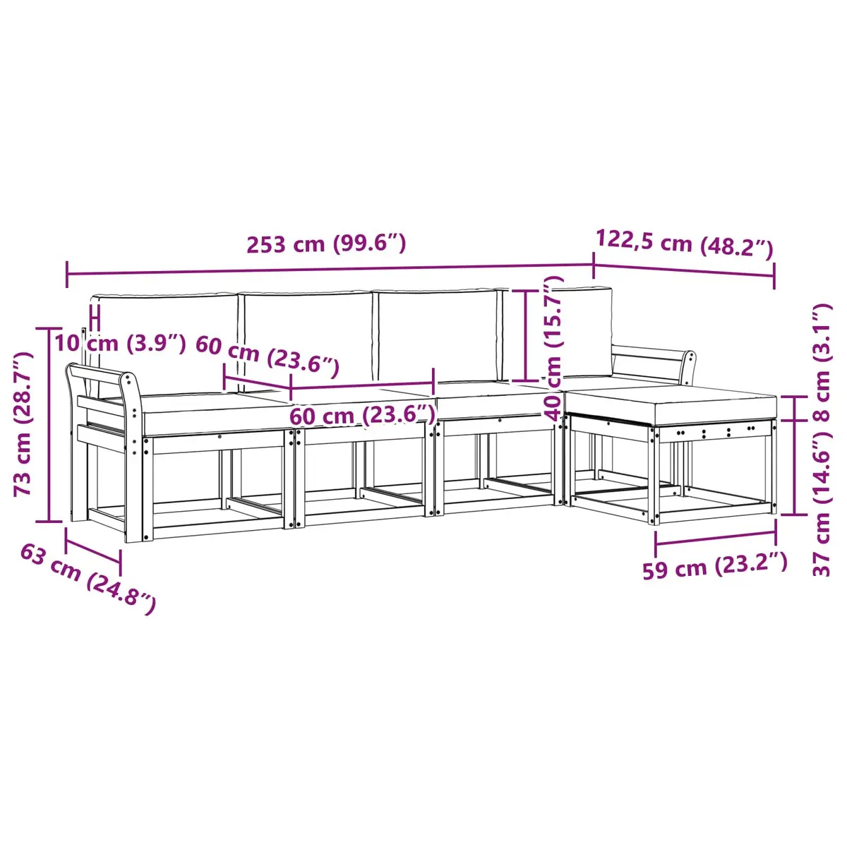 5-Piece Outdoor Sectional Sofa Set Garden Patio Furniture Acacia Wood Brown