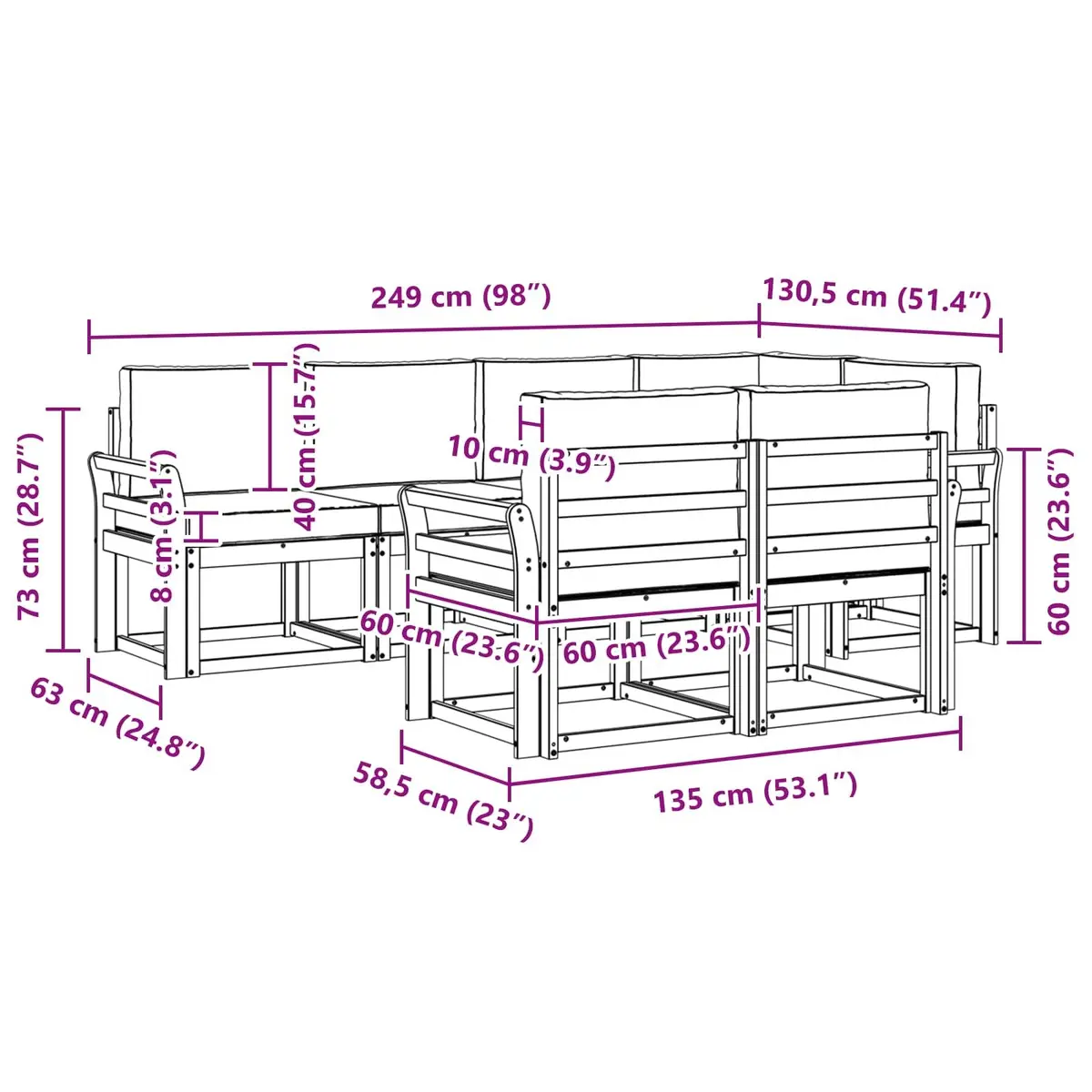Outdoor Sectional Sofa Set for Garden Patio 7 Piece Brown