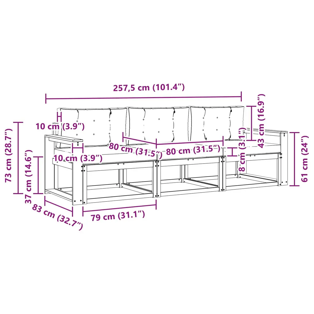 Outdoor Sofa Set 3 Pcs Sectional Garden Patio Furniture Modular Brown Wood