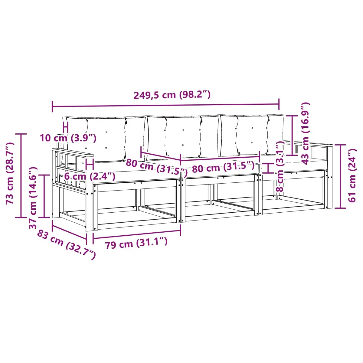 Outdoor Sofa Set Garden Patio 3 Piece Modular Sectional Lounge Furniture