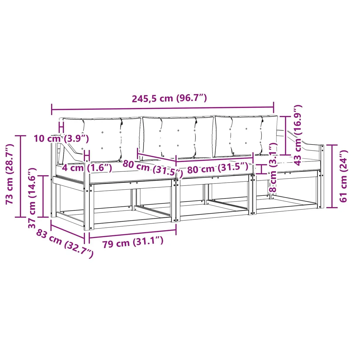 Outdoor Sofa Set Modular Garden Patio 3 Piece Brown Wood