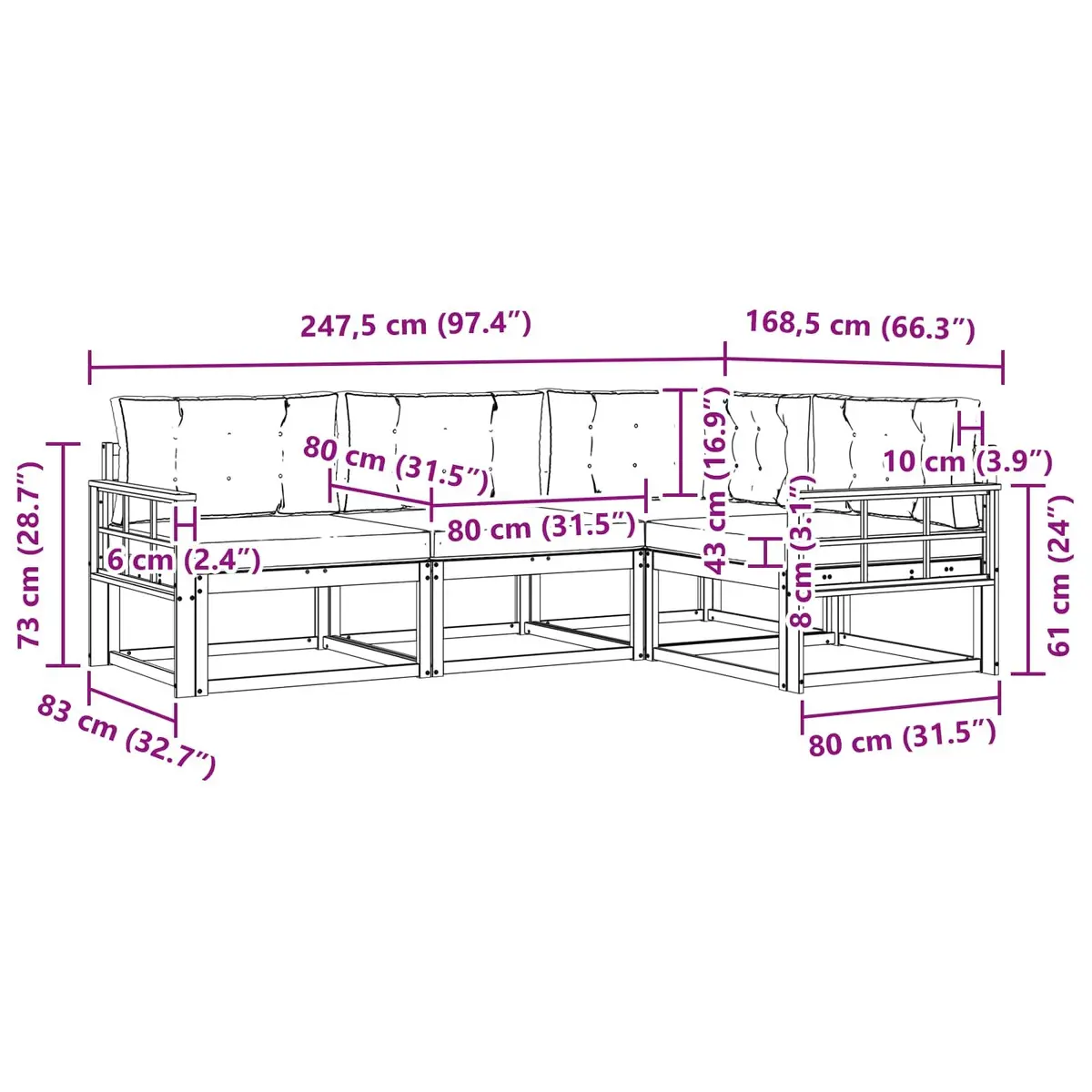 4-Piece Modular Outdoor Sectional Sofa with Slat Back